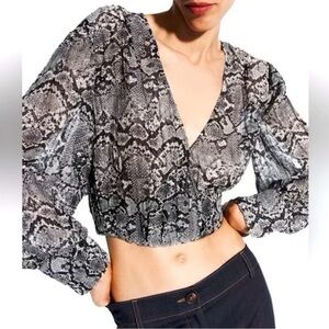 Zara Sheer Long Sleeve Snake Animal Print Cropped Metallic Blouse V-Neck Size XS